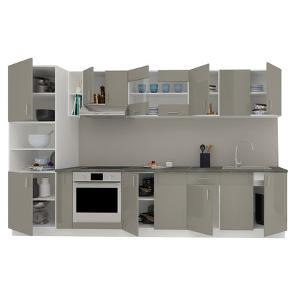 Set Bucatarie Karo V33, Gri Lucios/Alb, MDF, Blat Thermo 28 mm, L 340 cm