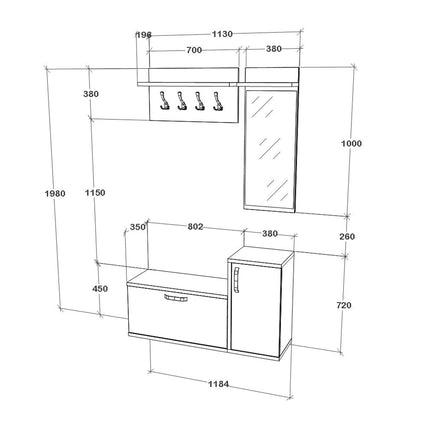 Cuier Cairo, Stejar Alb/Antracit, 113 x 35 x 198 cm