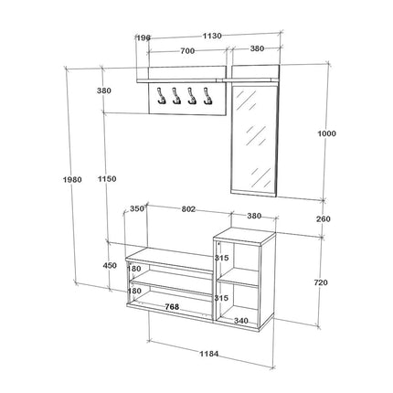 Cuier Cairo, Stejar Alb/Antracit, 113 x 35 x 198 cm