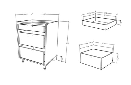 Corp Baza Karo, 3 Sertare, Lemn Natural/Alb, 60 x 50 x 80 cm