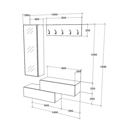 Cuier Diego, Stejar Alb/Crem Satin, 140 x 28 x 180 cm