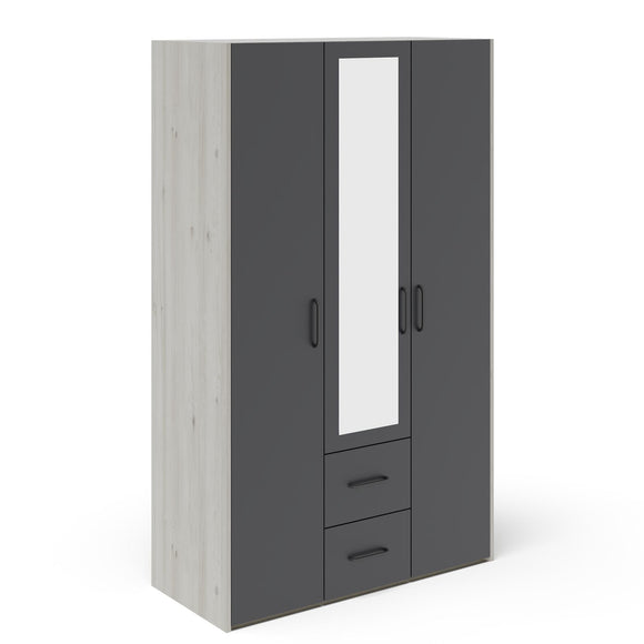Dulap Malmo, 2 Sertare, 3 Usi, cu oglinda, Stejar Alb/Antracit, 120 x 52 x 200 cm
