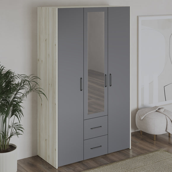 Dulap Malmo, 2 Sertare, 3 Usi, cu oglinda, Stejar Alb/Antracit, 120 x 52 x 200 cm