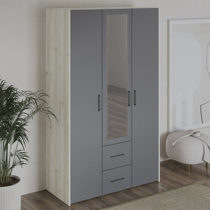 Dulap Malmo, 2 Sertare, 3 Usi, cu oglinda, Stejar Alb/Antracit, 120 x 52 x 200 cm