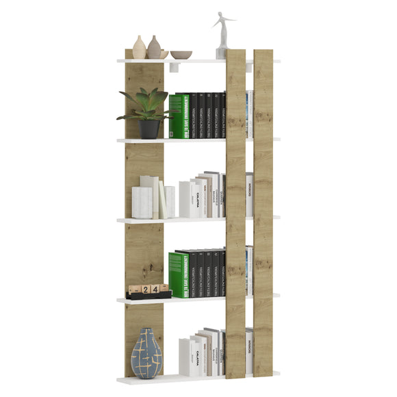 Biblioteca Elmo, 5 Polite, Alb/Stejar Artisan, 80 x 20 x 160 cm