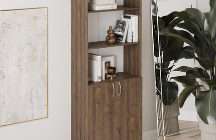 Biblioteca Flint, cu Usi Inferioare si 2 Polite, Stejar Bronz, 70 x 32 x 196 cm