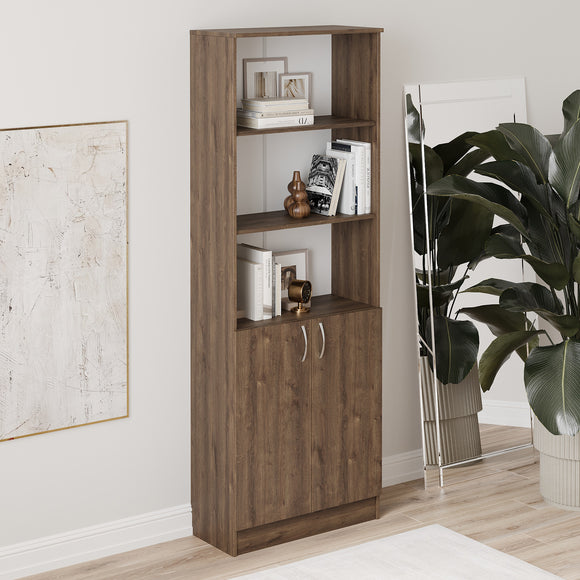 Biblioteca Flint, cu Usi Inferioare si 2 Polite, Stejar Bronz, 70 x 32 x 196 cm