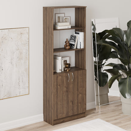 Biblioteca Flint, cu Usi Inferioare si 2 Polite, Stejar Bronz, 70 x 32 x 196 cm