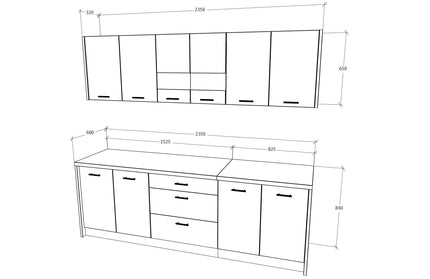 Bucatarie Lima, Alb Lucios/Negru, MDF, L 235 cm