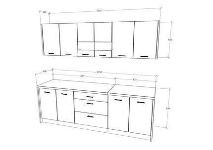 Bucatarie Lima, Alb Lucios/Negru, MDF, L 235 cm