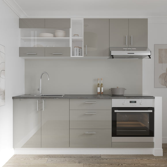 Set Bucatarie Karo V12, Gri Lucios/Alb, MDF, Blat Thermo 28 mm, L 200 cm