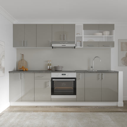 Set Bucatarie Karo V19, Gri Lucios/Alb, MDF, Blat Thermo 28 mm, L 260 cm