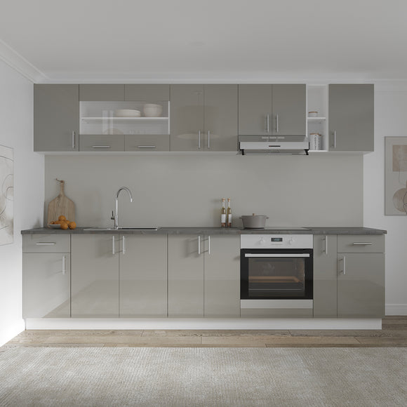 Set Bucatarie Karo V25, Gri Lucios/Alb, MDF, Blat Thermo 28 mm, L 300 cm