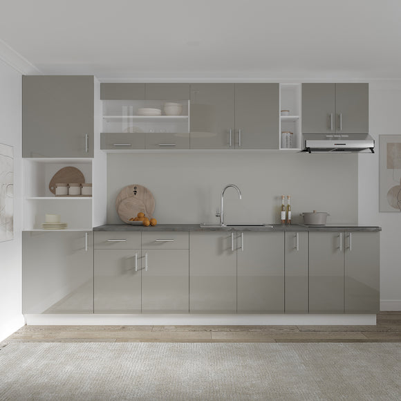 Set Bucatarie Karo V26, Gri Lucios/Alb, MDF, Blat Thermo 28 mm, L 300 cm
