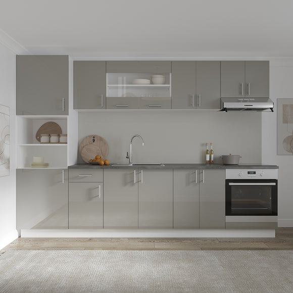 Set Bucatarie Karo V27, Gri Lucios/Alb, MDF, Blat Thermo 28 mm, L 300 cm