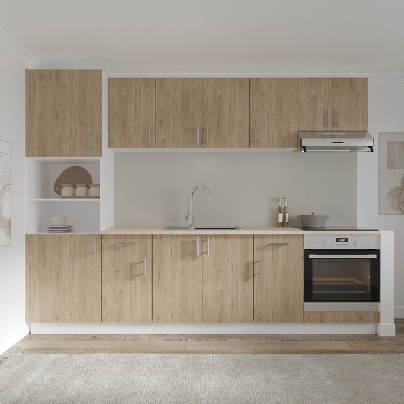 Set Bucatarie Karo V24, Lemn Natural/Alb, Blat Thermo 28 mm, L 280 cm