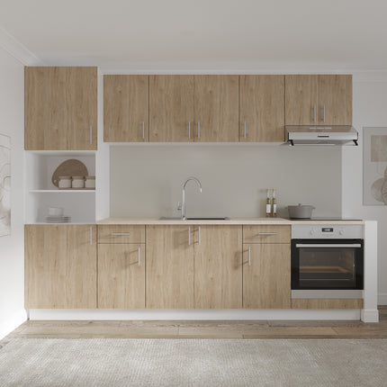 Set Bucatarie Karo V24, Lemn Natural/Alb, Blat Thermo 28 mm, L 280 cm