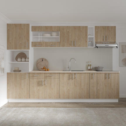 Set Bucatarie Karo V26, Lemn Natural/Alb, Blat Thermo 28 mm, L 300 cm