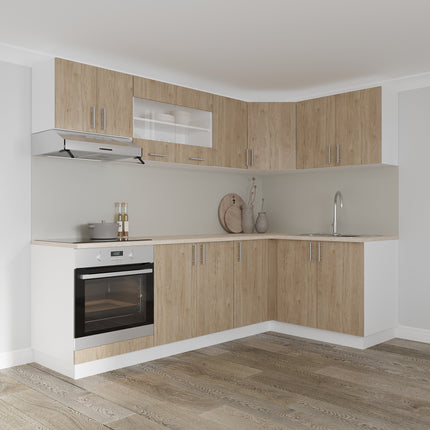 Set Bucatarie Colt Karo V34, Lemn Natural/Alb, Blat Thermo 28 mm, L 240 x 140 cm