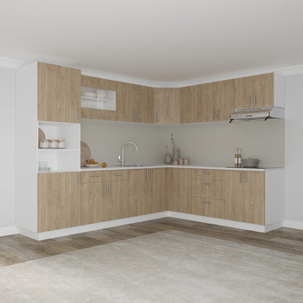 Set Bucatarie Colt Karo V36, Lemn Natural/Alb, Blat Thermo 28 mm, L 280 x 220 cm