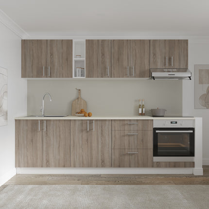 Set Bucatarie Karo V18, Stejar Sonoma Inchis/Alb, Blat Thermo 28 mm, L 260 cm