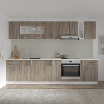 Set Bucatarie Karo V25, Stejar Sonoma Inchis/Alb, Blat Thermo 28 mm, L 300 cm