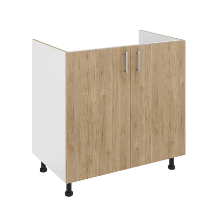 Set Masca Chiuveta Karo, Lemn Natural/Alb, 80 x 50 x 80 cm, Chiuveta Inox, Cuva dreapta, Baterie Flexibila