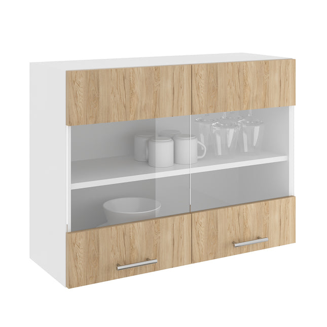 Corp Superior Karo, 2 Usi, cu sticla, Lemn Natural/Alb, 80 x 30 x 60 cm