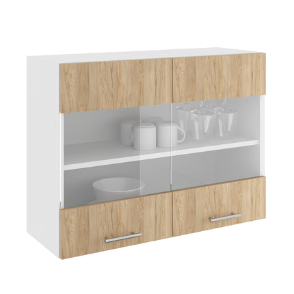 Corp Superior Karo, 2 Usi, cu sticla, Lemn Natural/Alb, 80 x 30 x 60 cm