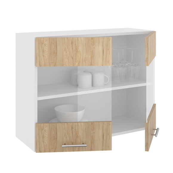 Corp Superior Karo, 2 Usi, cu sticla, Lemn Natural/Alb, 80 x 30 x 60 cm