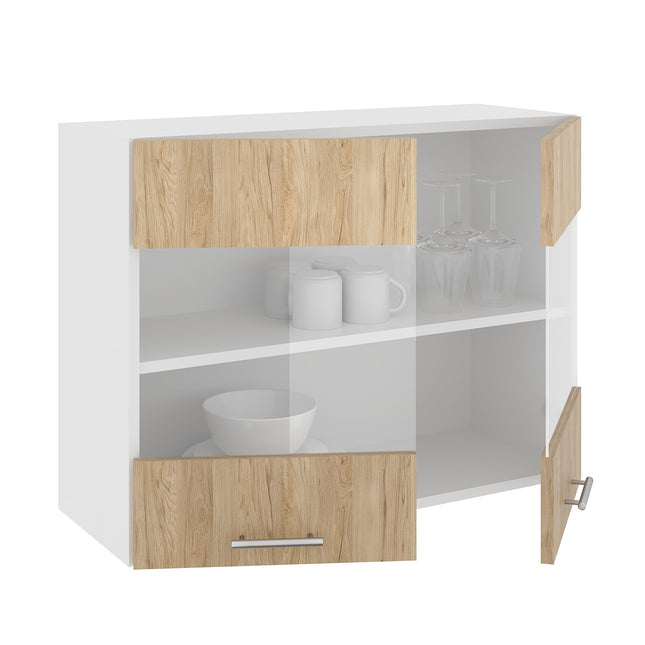 Corp Superior Karo, 2 Usi, cu sticla, Lemn Natural/Alb, 80 x 30 x 60 cm