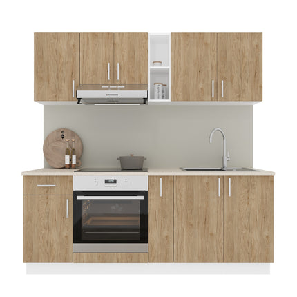 Set Bucatarie Karo V11, Lemn Natural/Alb, Blat Thermo 28 mm, L 200 cm