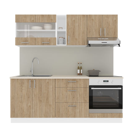 Set Bucatarie Karo V12, Lemn Natural/Alb, Blat Thermo 28 mm, L 200 cm