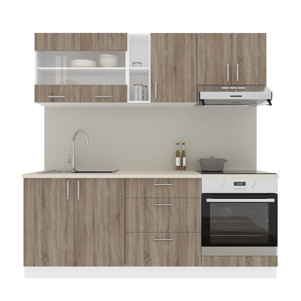 Set Bucatarie Karo V12, Stejar Sonoma Inchis/Alb, Blat Thermo 28 mm, L 200 cm