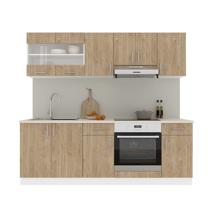 Set Bucatarie Karo V13, Lemn Natural/Alb, Blat Thermo 28 mm, L 220 cm