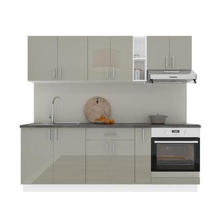 Set Bucatarie Karo V14, Gri Lucios/Alb, MDF, Blat Thermo 28 mm, L 220 cm