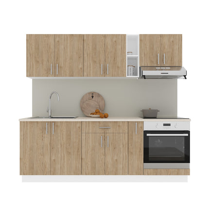 Set Bucatarie Karo V14, Lemn Natural/Alb, Blat Thermo 28 mm, L 220 cm