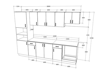 Set Bucatarie Karo V24, Lemn Natural/Alb, Blat Thermo 28 mm, L 280 cm