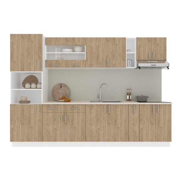 Set Bucatarie Karo V26, Lemn Natural/Alb, Blat Thermo 28 mm, L 300 cm