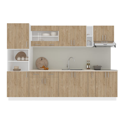 Set Bucatarie Karo V26, Lemn Natural/Alb, Blat Thermo 28 mm, L 300 cm