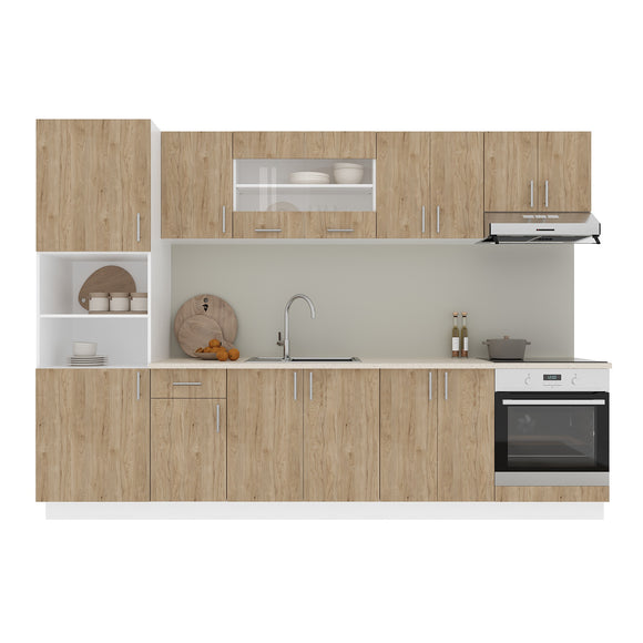 Set Bucatarie Karo V27, Lemn Natural/Alb, Blat Thermo 28 mm, L 300 cm