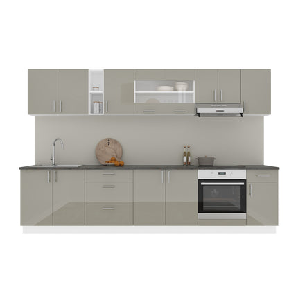 Set Bucatarie Karo V28, Gri Lucios/Alb, MDF, Blat Thermo 28 mm, L 320 cm