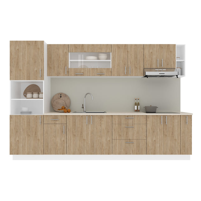 Set Bucatarie Karo V29, Lemn Natural/Alb, Blat Thermo 28 mm, L 320 cm