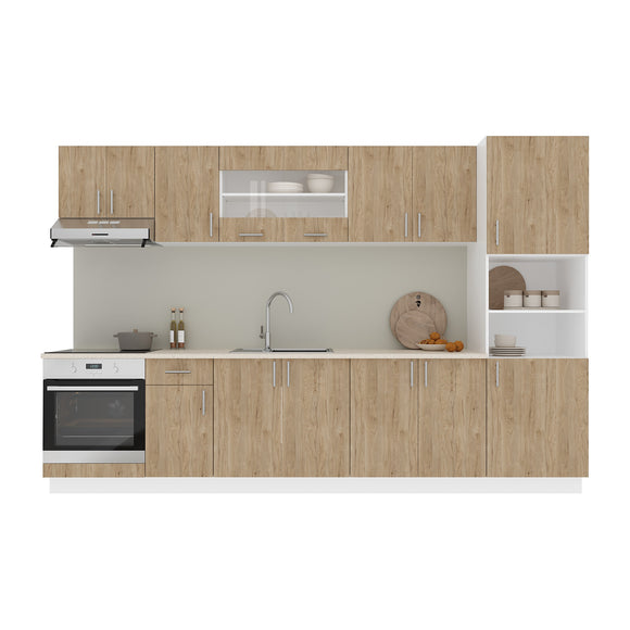 Set Bucatarie Karo V30, Lemn Natural/Alb, Blat Thermo 28 mm, L 320 cm