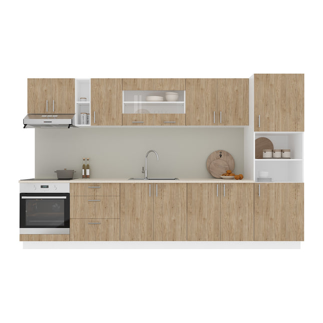 Set Bucatarie Karo V31, Lemn Natural/Alb, Blat Thermo 28 mm, L 340 cm