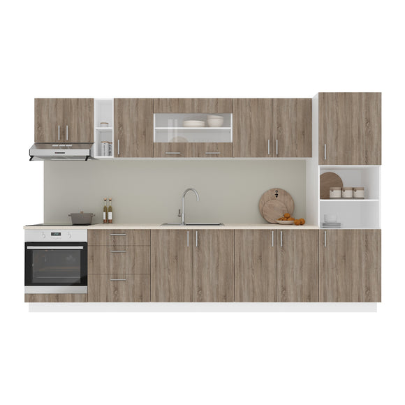 Set Bucatarie Karo V31, Stejar Sonoma Inchis/Alb, Blat Thermo 28 mm, L 340 cm