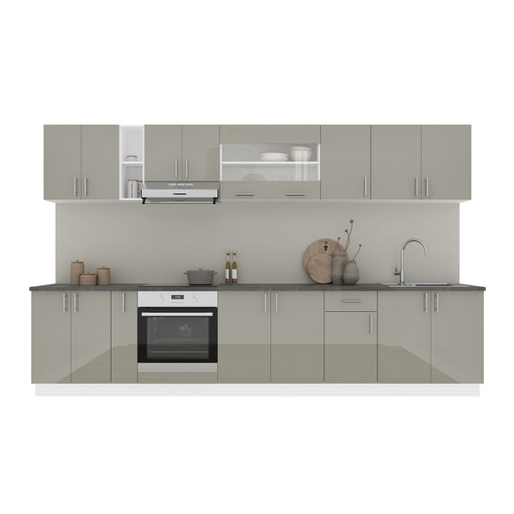 Set Bucatarie Karo V32, Gri Lucios/Alb, MDF, Blat Thermo 28 mm, L 340 cm