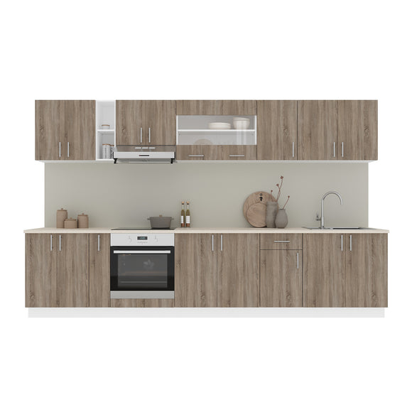 Set Bucatarie Karo V32, Stejar Sonoma Inchis/Alb, Blat Thermo 28 mm, L 340 cm