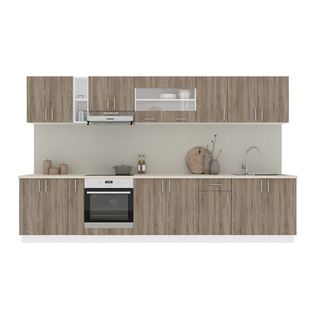 Set Bucatarie Karo V32, Stejar Sonoma Inchis/Alb, Blat Thermo 28 mm, L 340 cm