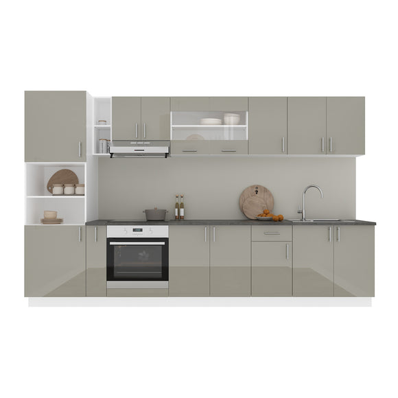 Set Bucatarie Karo V33, Gri Lucios/Alb, MDF, Blat Thermo 28 mm, L 340 cm